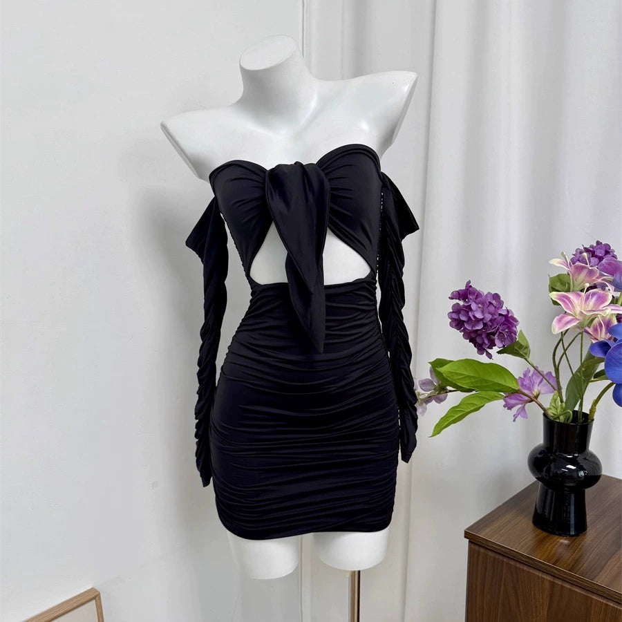 black off-the-shoulder mini dress