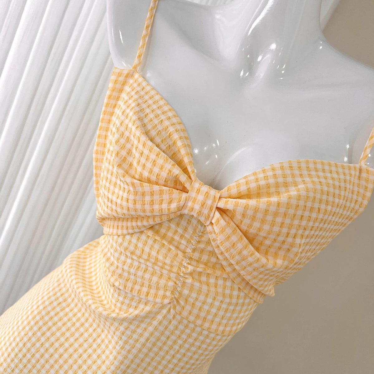 color-blocking plaid bow slip dress
