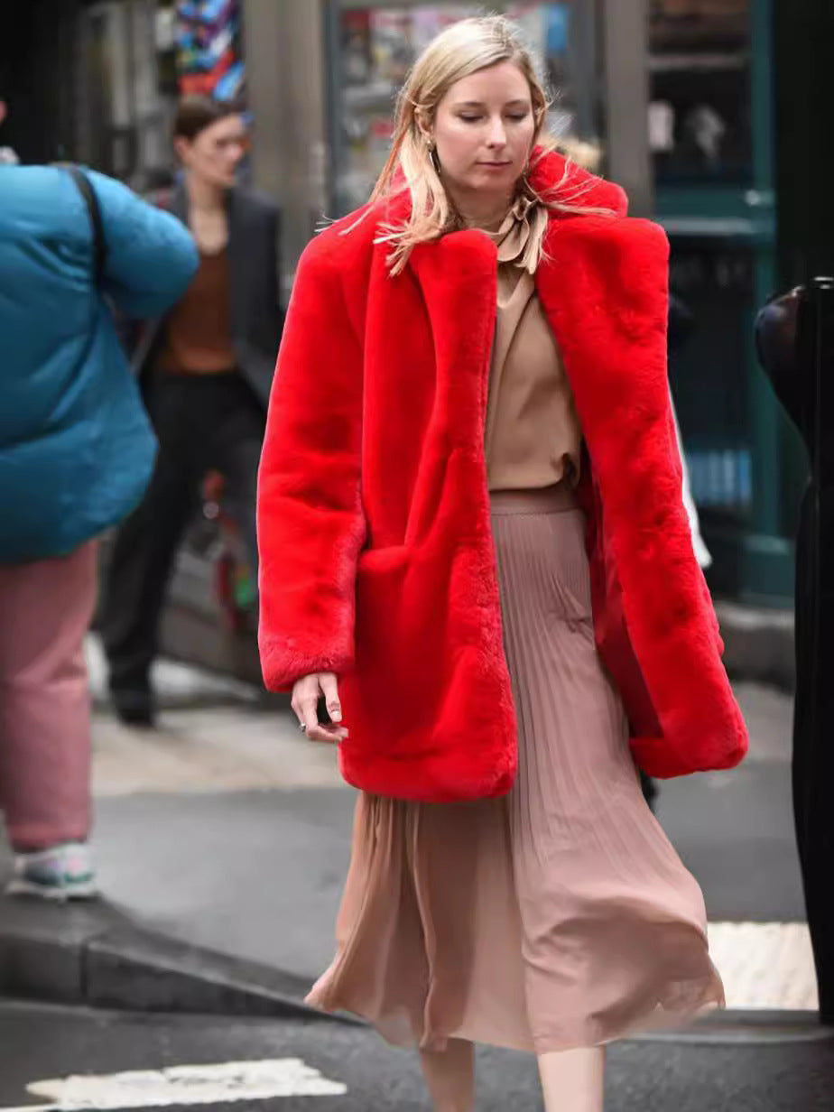 plus-size fur plush loose lapel midi coat