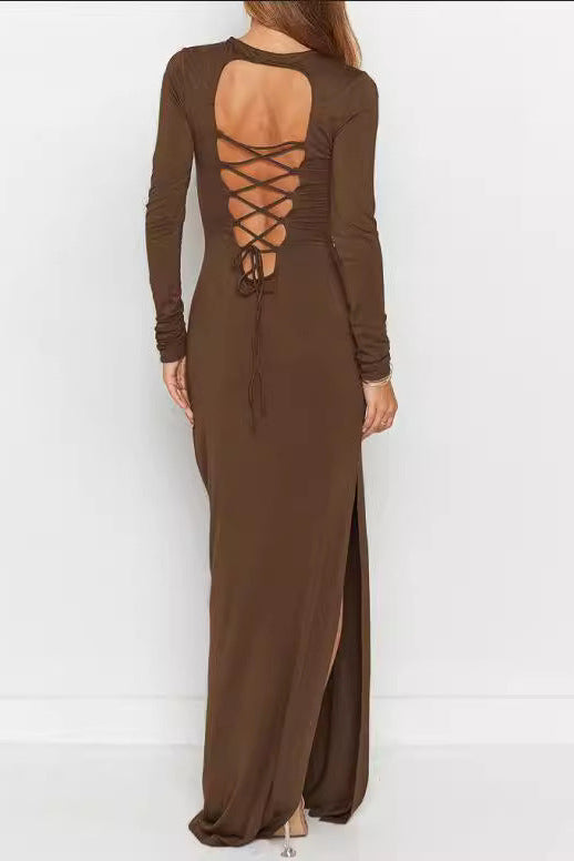 Round neck long sleeve hollowed-out backless bodycon maxi dress