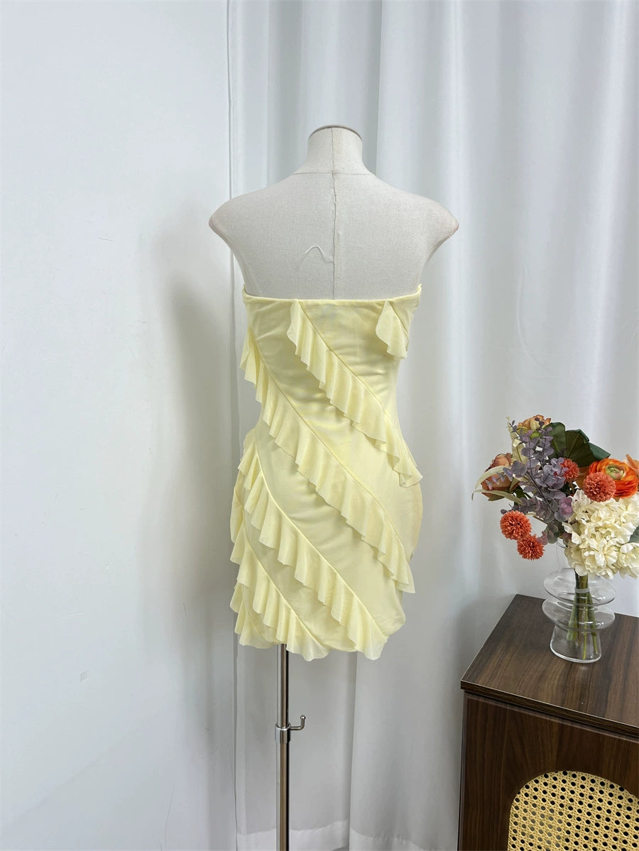 yellow mesh bandeau mini dress