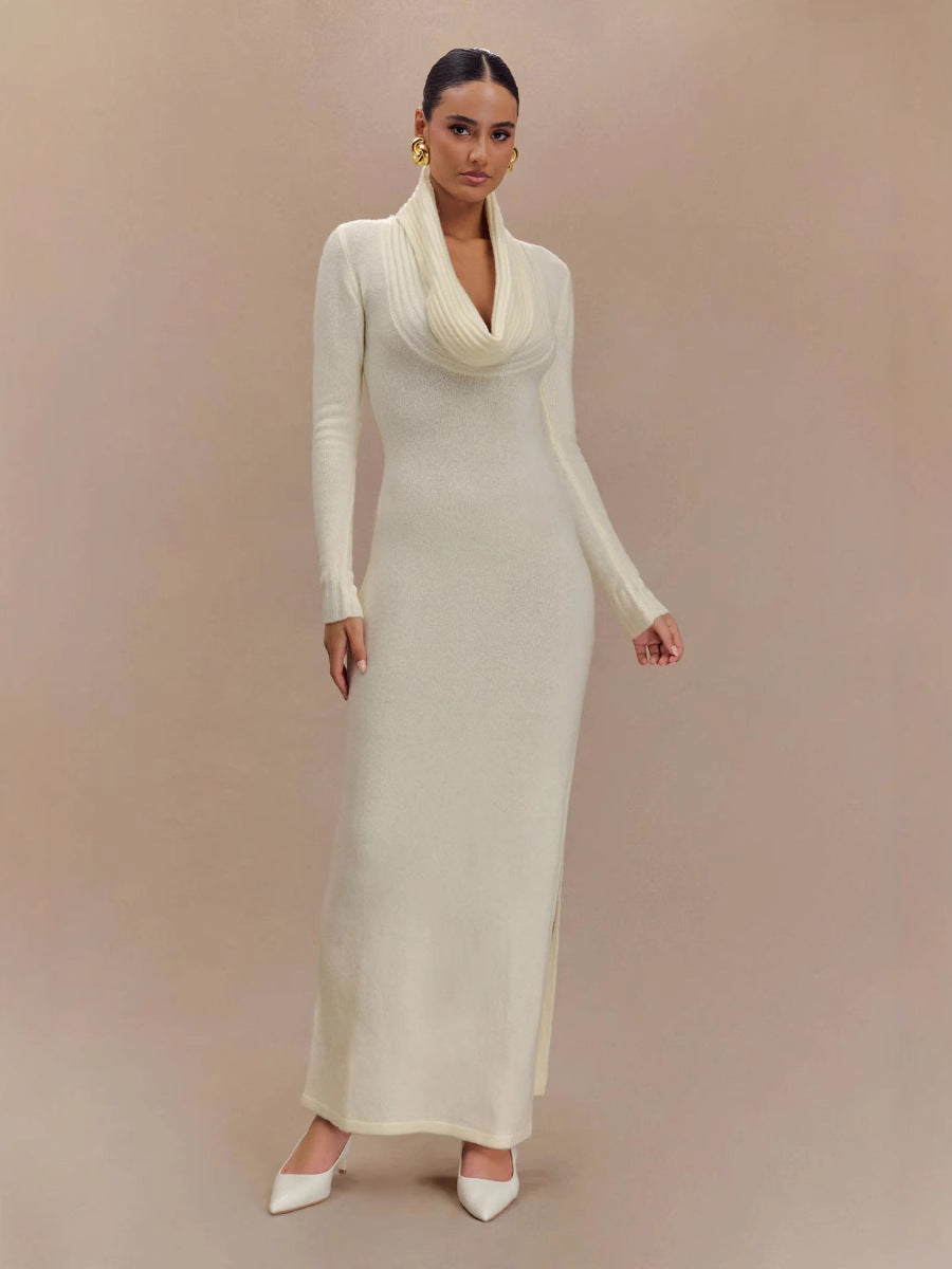 white drop-collar long-sleeved knitted dresses