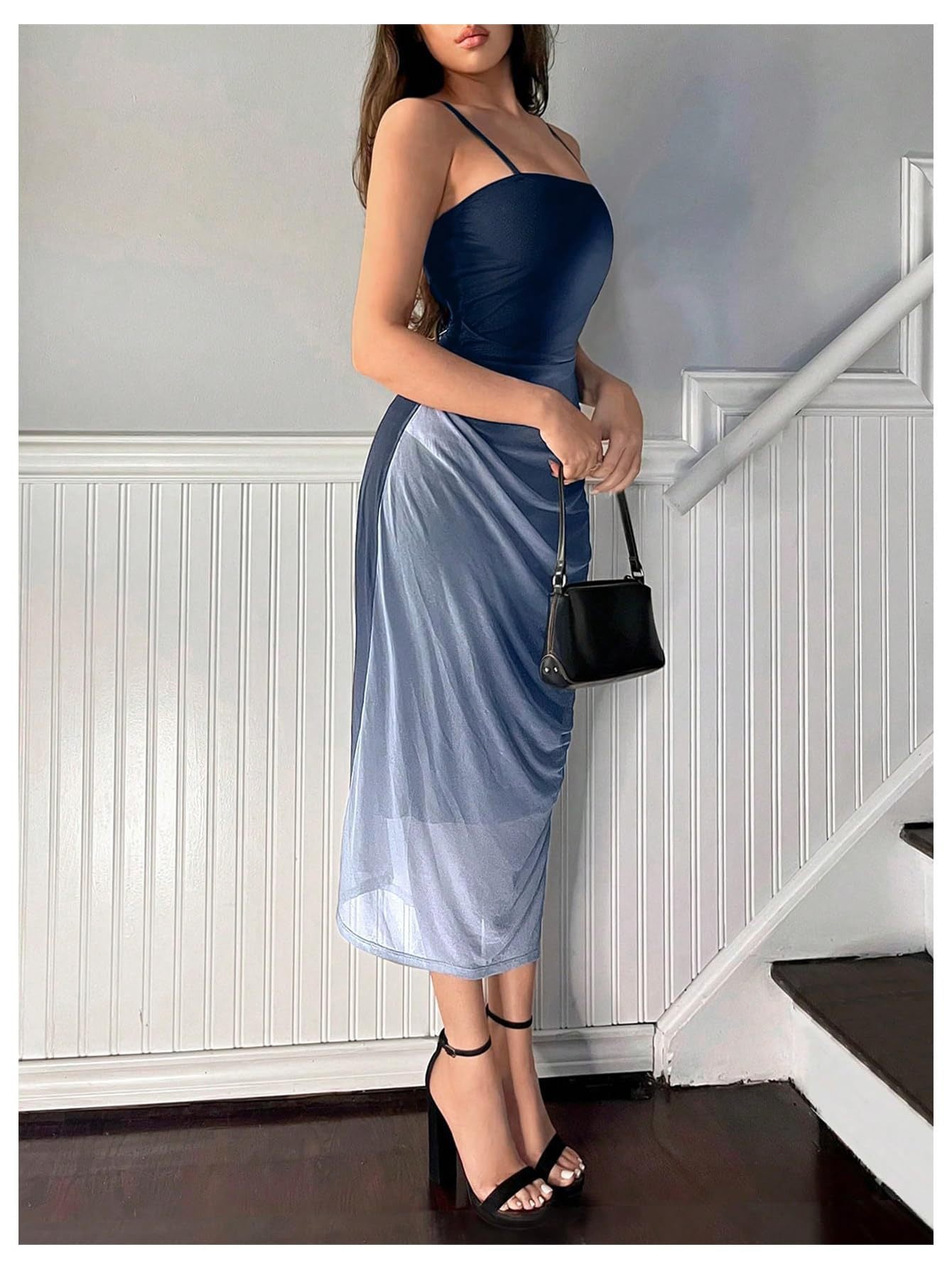 black Mesh Suspender Backless Dress