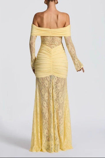 damla yellow Lace-trimmed flared sleeve fishtail dress