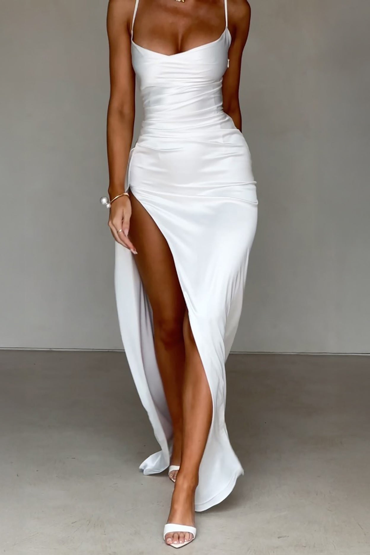white suspender wrap maxi dress