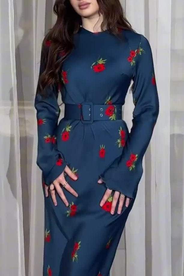 Long Sleeve Round Neck Ice Silk Breathable Flower Print maxi Dress