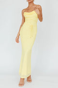yellow mesh cross-strap suspender midi dress