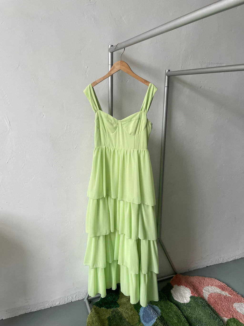 green ruffle suspender midi dress