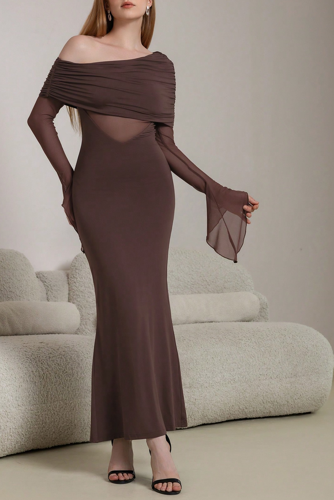 brown one-shoulder long-sleeved maxi dress