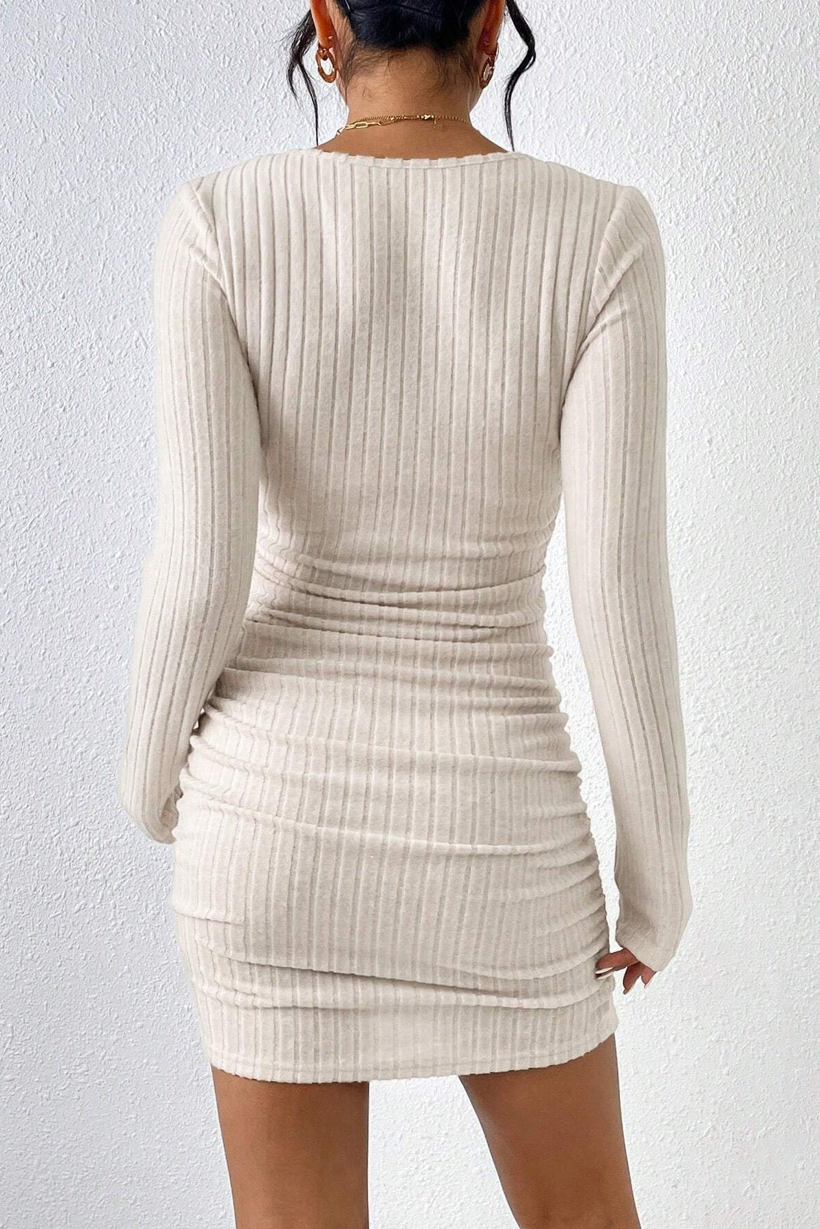 Square neck knit long-sleeved bodycon mini dress