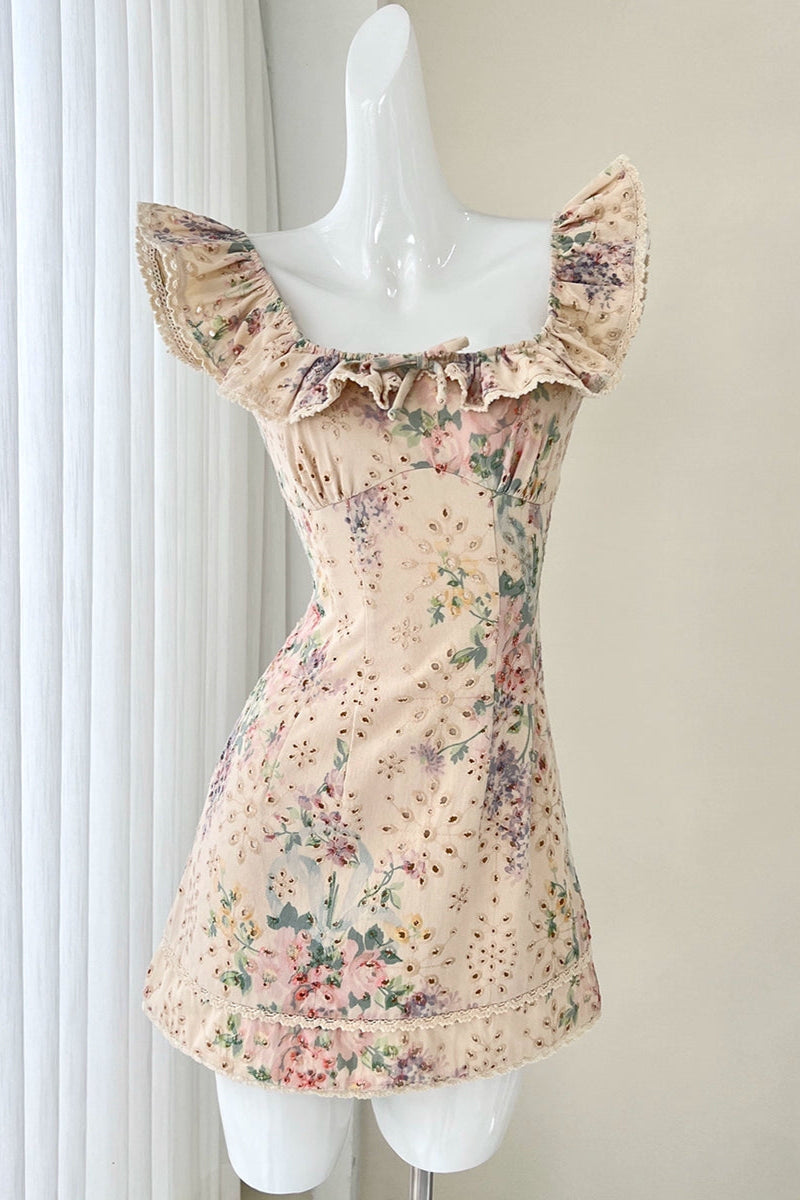 print flying sleeves cutout bow dress