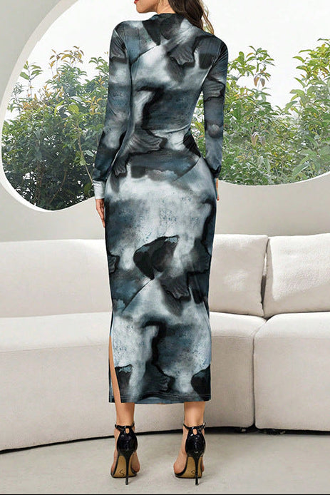 clara blue Printed long-sleeved bodycon dress