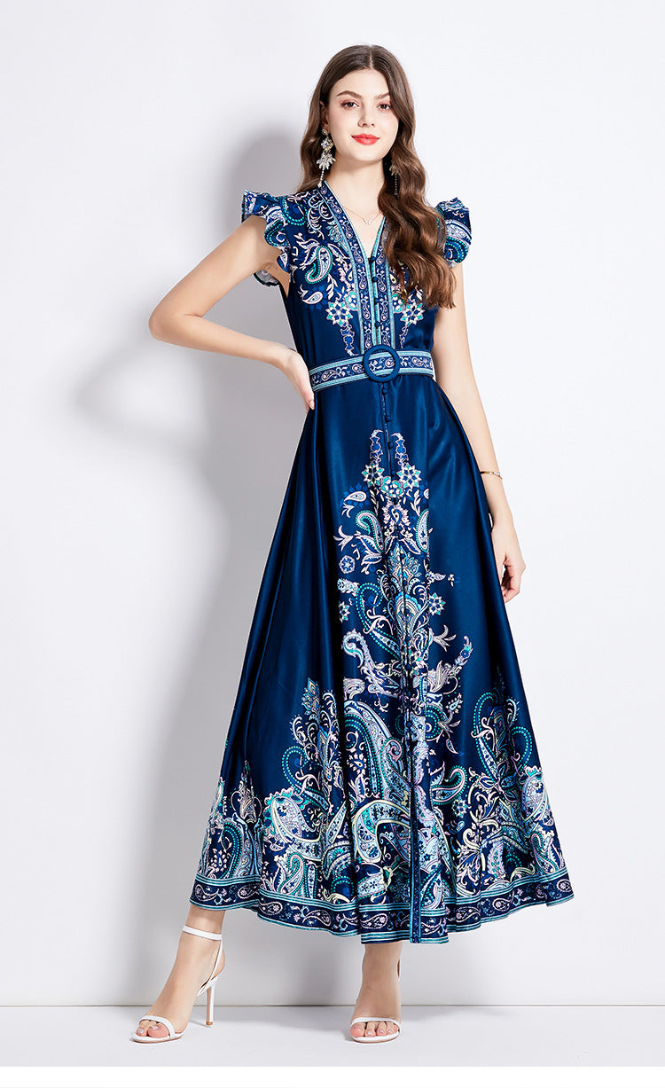 Printed V-neck lantern sleeve single-breasted dress