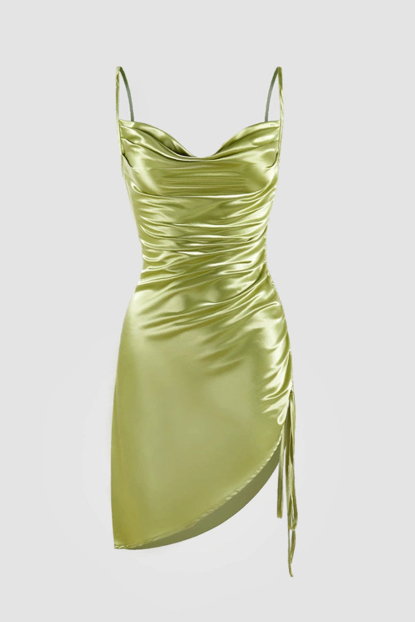 swing collar glossy satin drawstring strap suspender dress