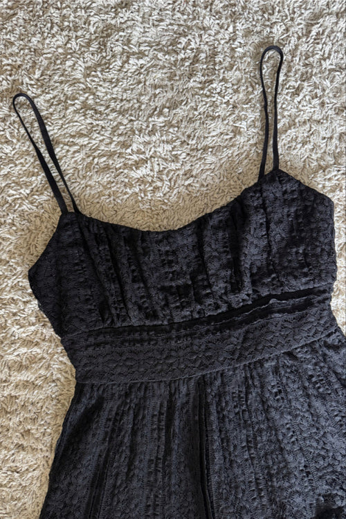 BLACK LACE RUFFLED CINCHED WAIST SLIP DRESS
