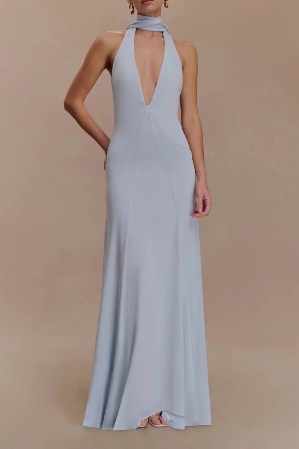 deep V-neck streamer halterneck  pleated open back dress