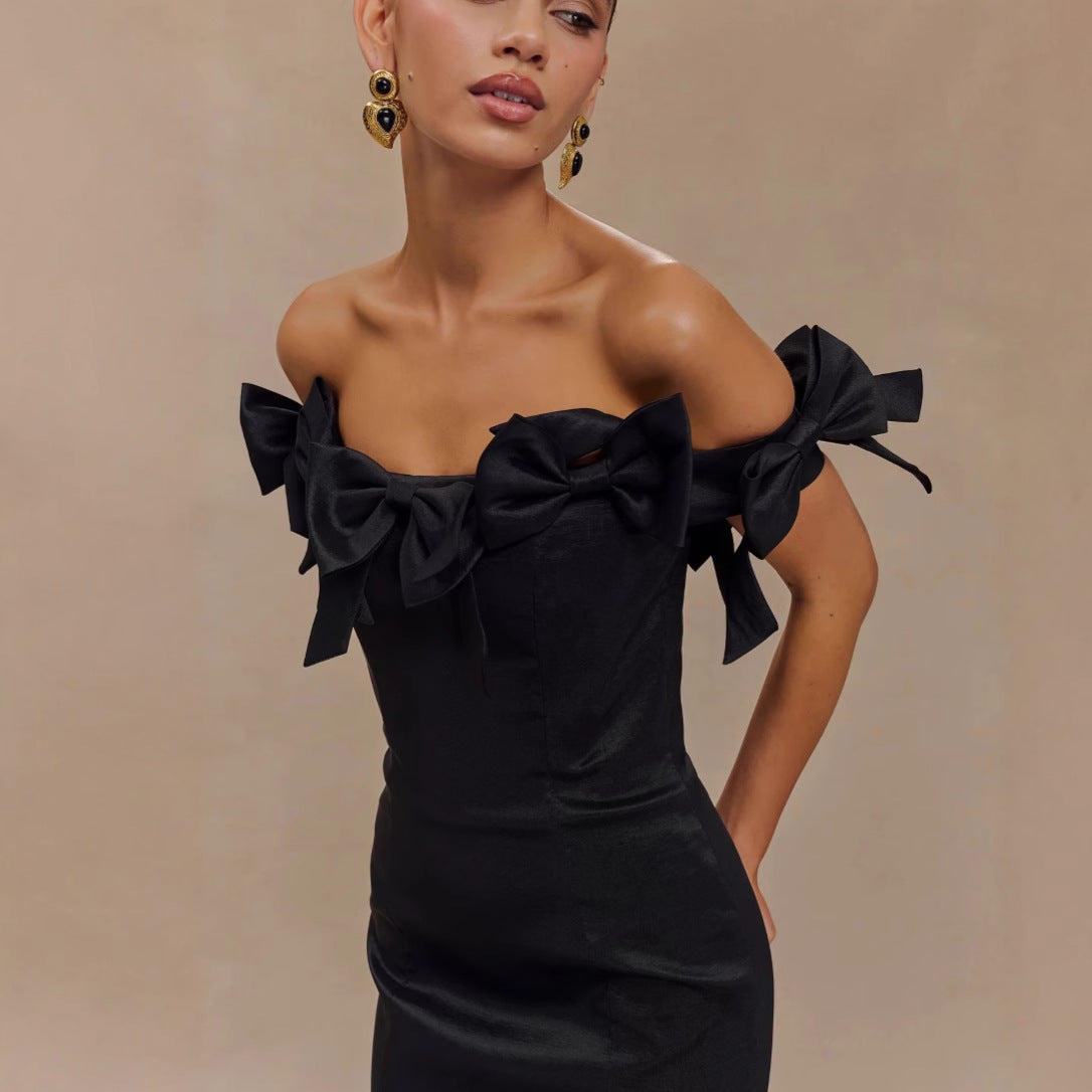 eileen Off-shoulder backless bow mini dress in black