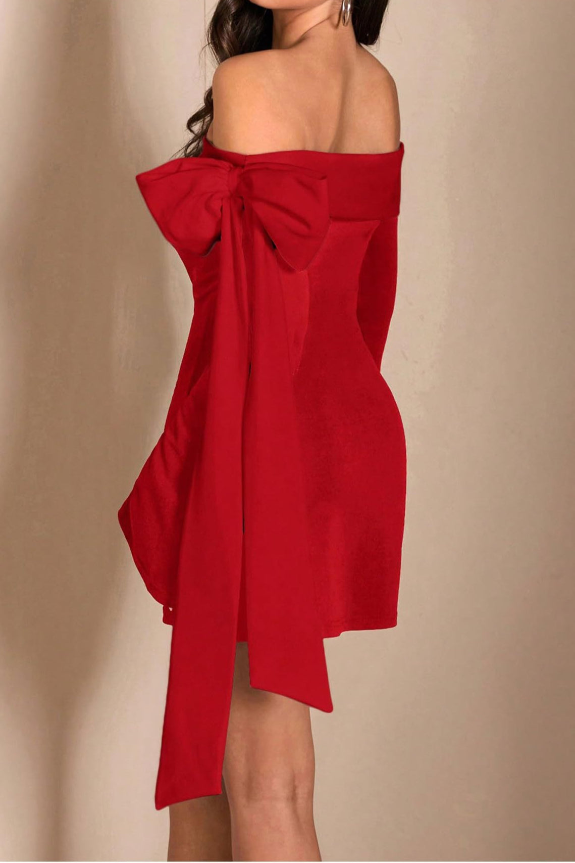 red Off-the-Shoulder Flared Sleeve Mini Dress