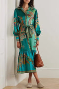 Collared lantern sleeve long-sleeved printed dress