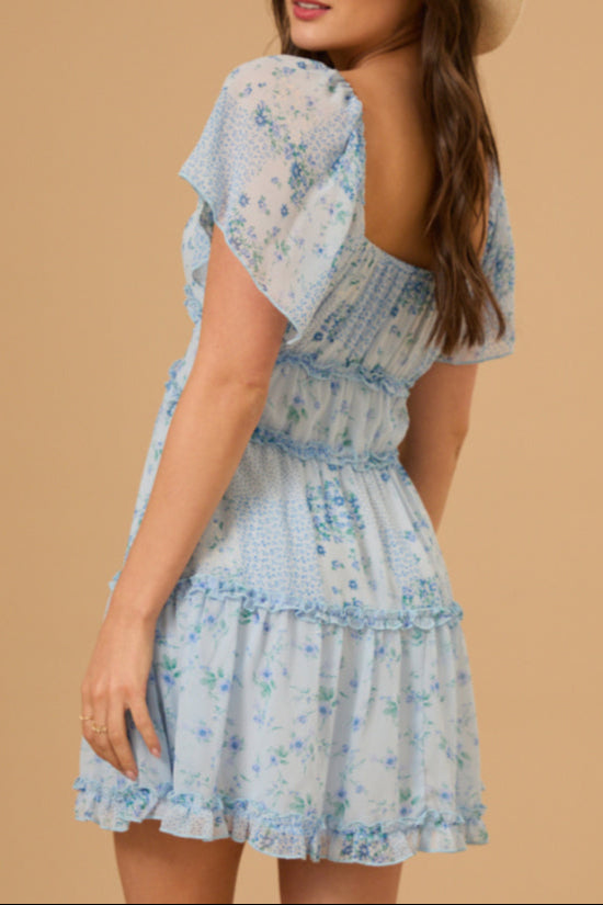 vintage floral lace V-neck waist mini dress