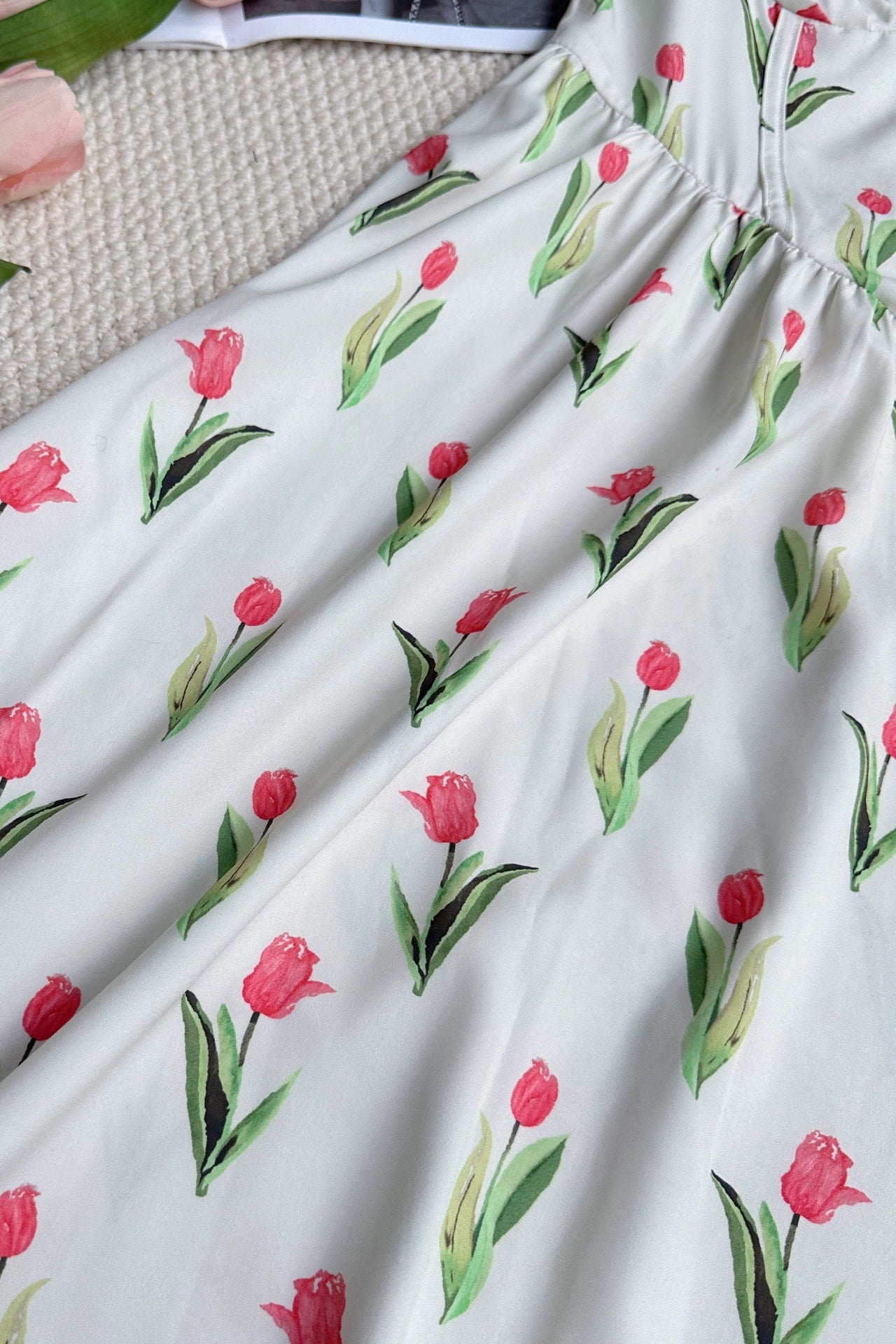 vintage tulip print slip midi dress