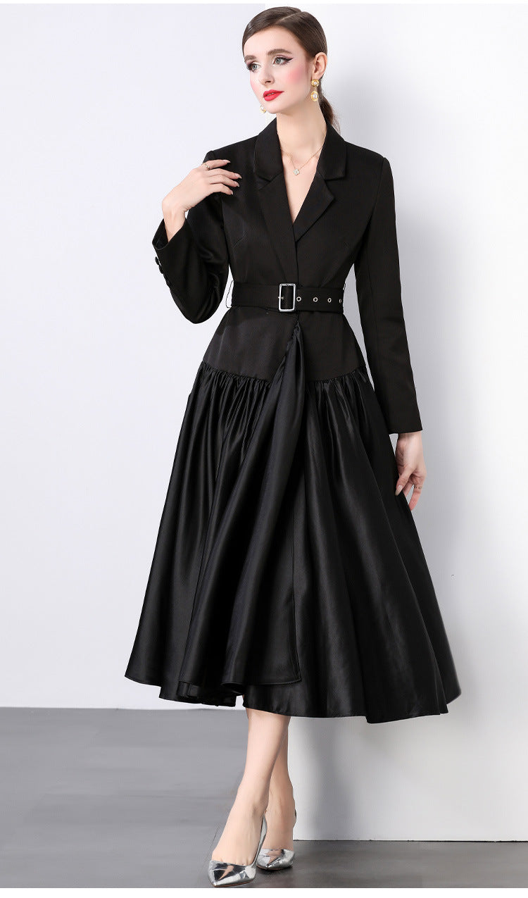 Suit collar belted long skirt