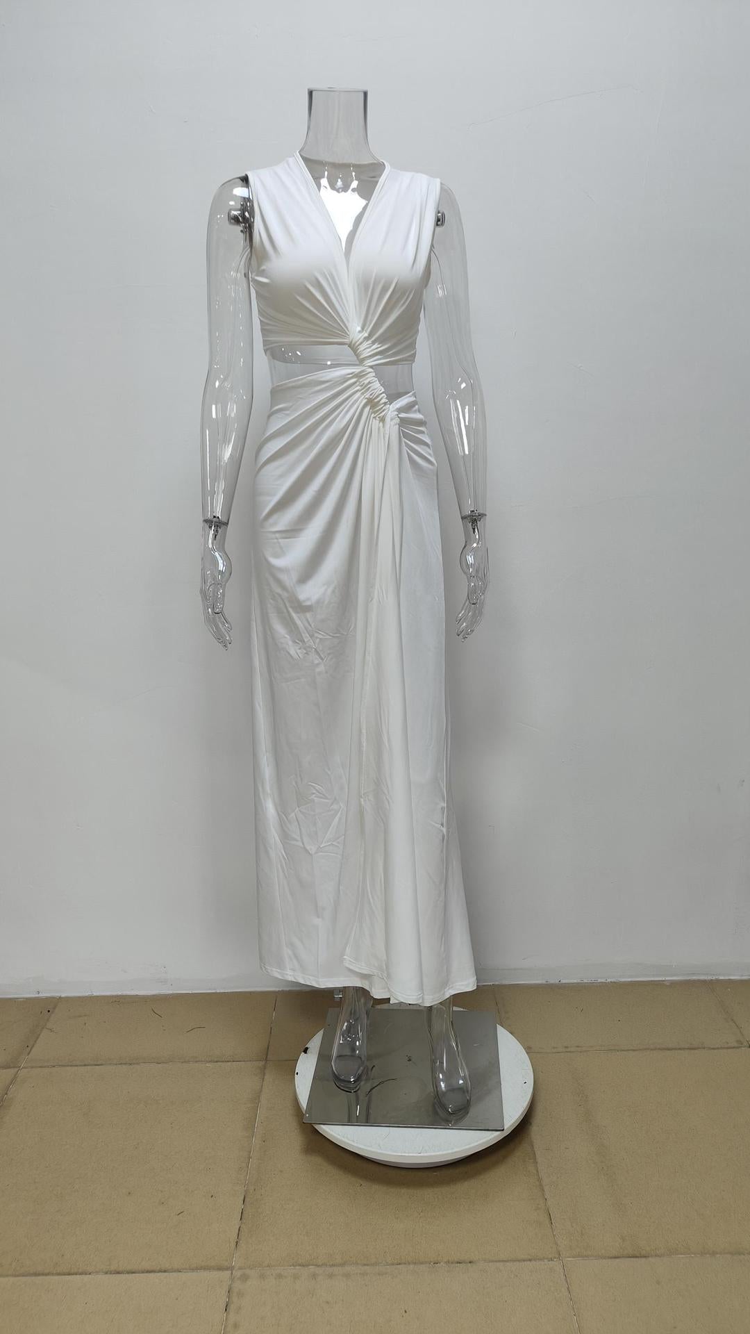 white Cutout Knot Slit V-Neck Sleeveless Pleated Irregular Dress