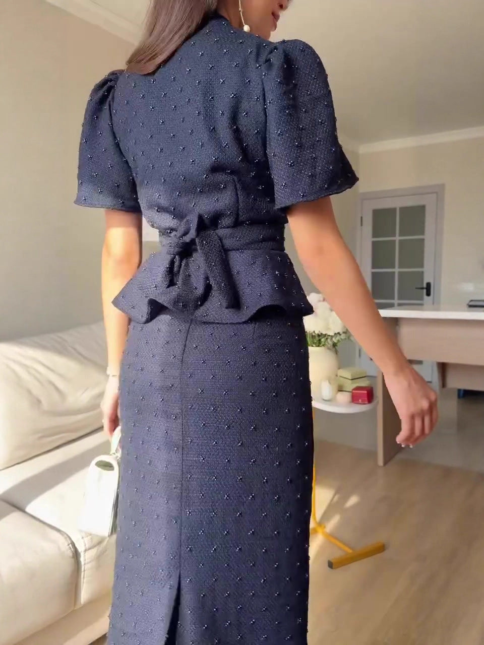 navy blue short-sleeved long skirt suit dress