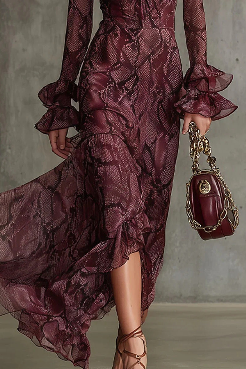 flared sleeve tether V-neck dress long sleeve maxi dress