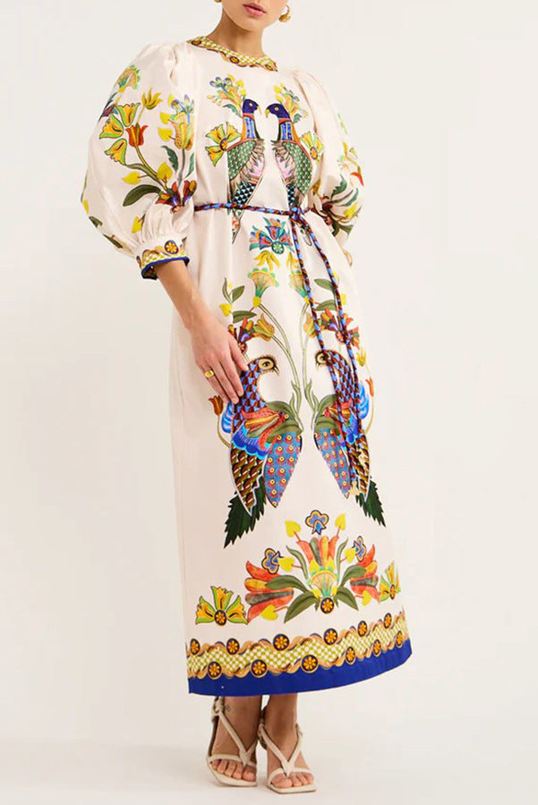 Printed peacock three-quarter sleeve round neck dress