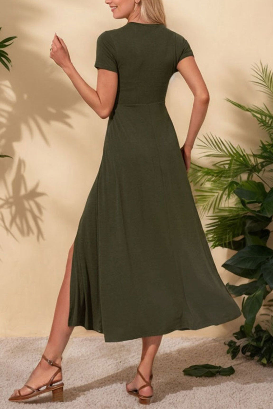 Round neck short sleeve slit midi dress