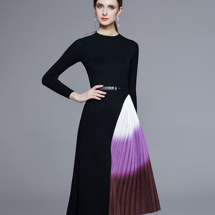 Knitted patchwork gradient pleated maxi dress