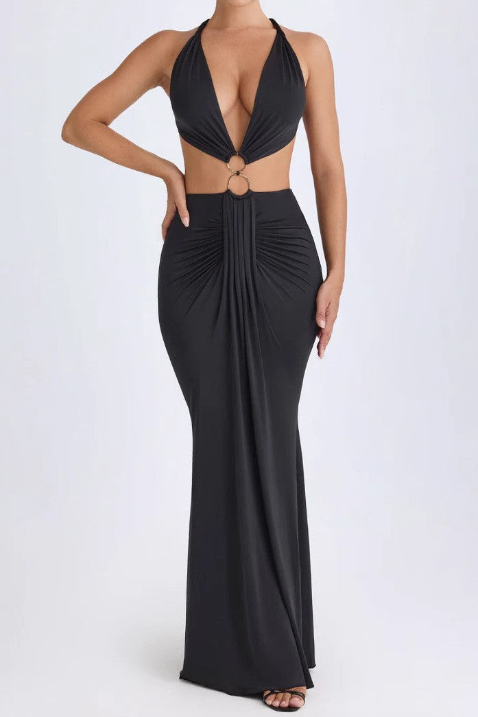 Hollow-out backless deep V-neck dress
