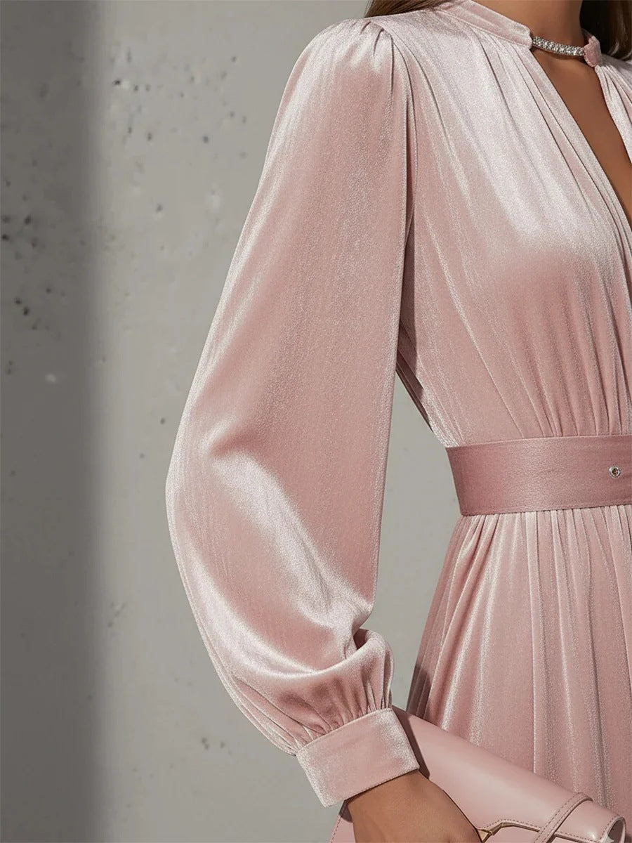 pink V-neck gold velvet maxi dress