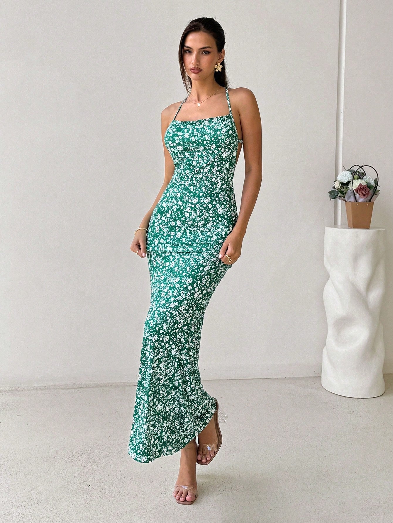 green Backless fishtail floral maxi dress