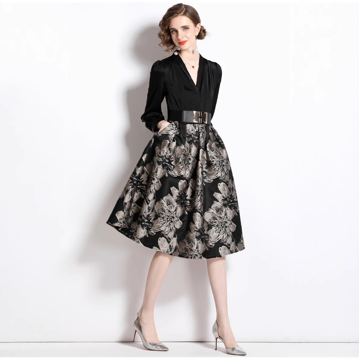 Deep V-neck patchwork jacquard puffy maxi dress