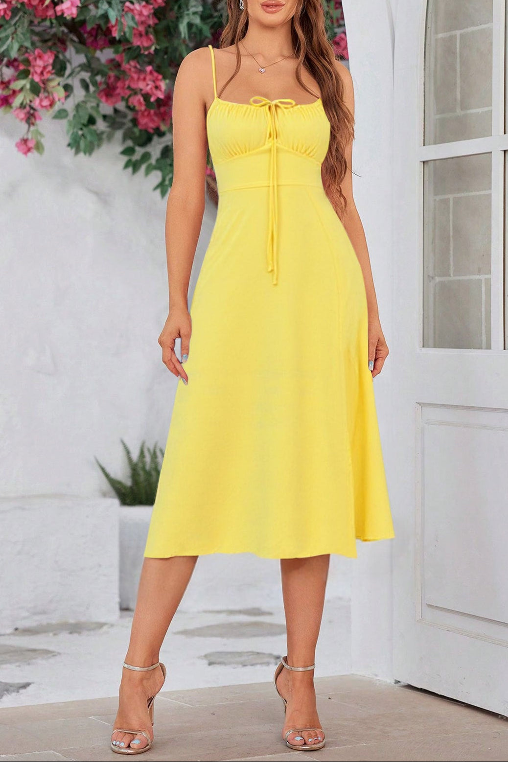 kay yellow High-waisted slit halter maxi dress