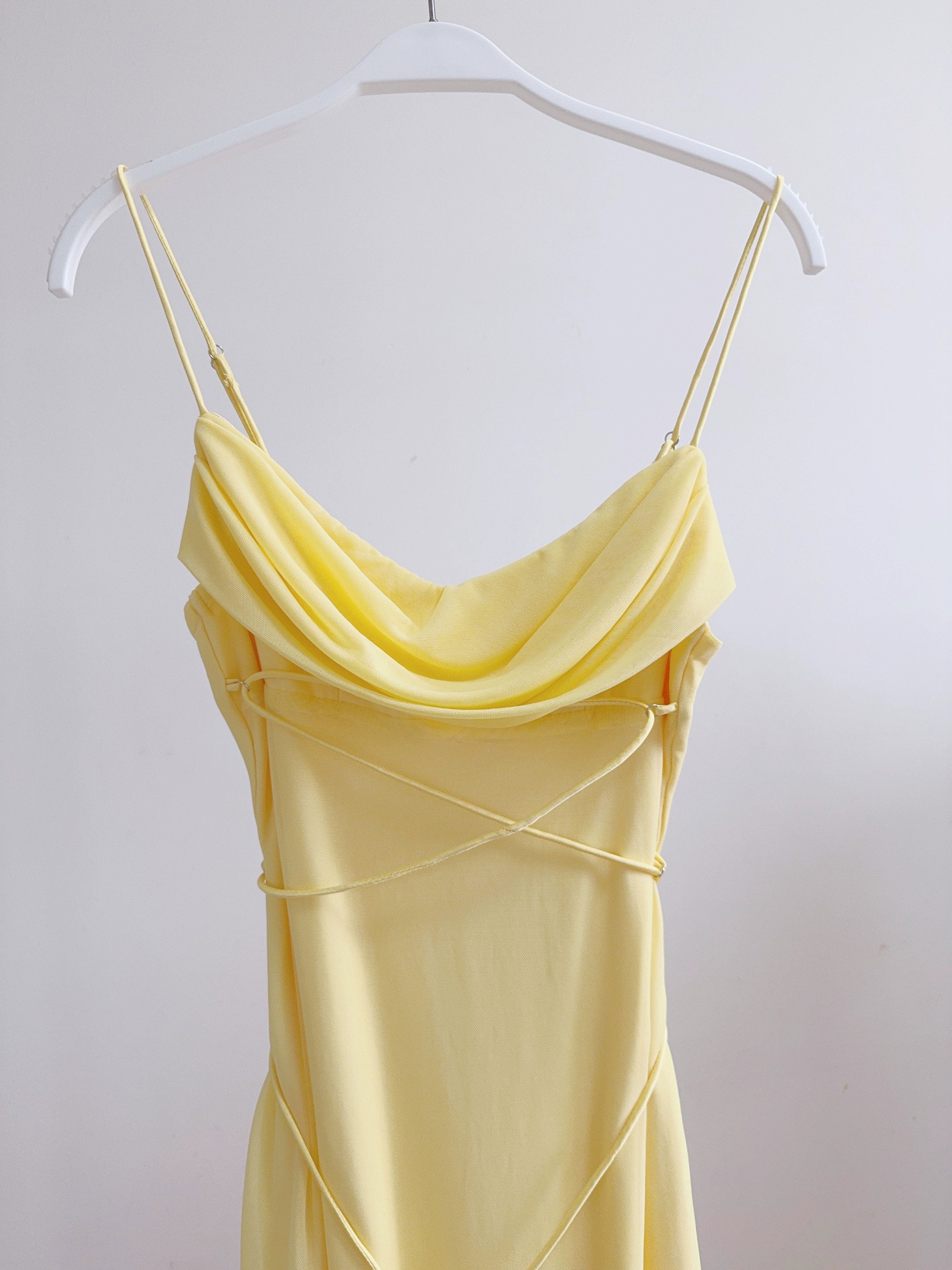 yellow mesh cross-strap suspender midi dress