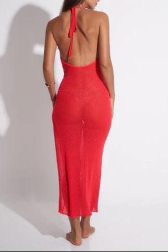 red suspenders open back V-neck slit dress