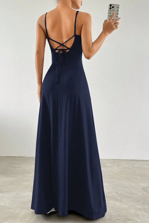 deirdre blue High-waisted halter-neck fitted maxi dress
