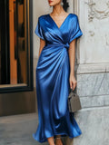 blue Satin V-Neck Short Sleeve maxi Dress