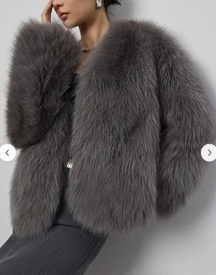 Gray Faux Fox Fur Eco Friendly Long Sleeve Jacket