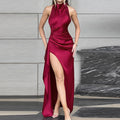 Burgundy round neck slit tie backless pleated bodycon maxi dress