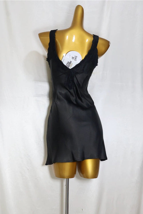 black satin V-neck mini dress