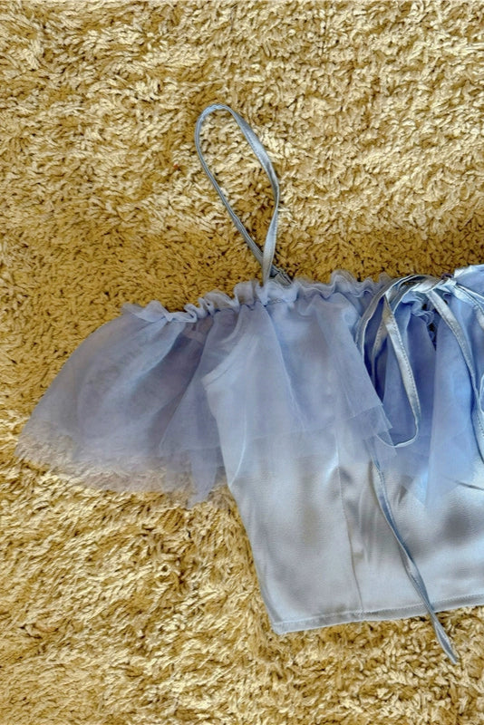 mesh splicing lace-up satin suspender top
