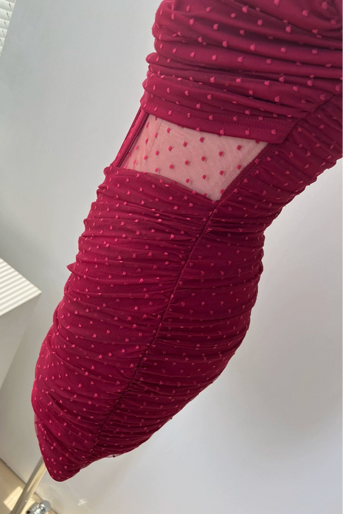 fishbone cutout bandeau pleated mesh dress