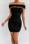 black Off-the-shoulder bodycon pleated mini dress