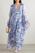 Blue and white porcelain print V-neck dress