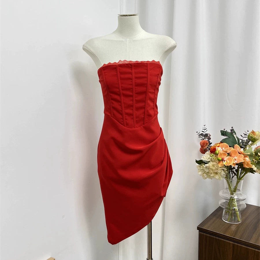 lace irregular hem bandeau mini dress