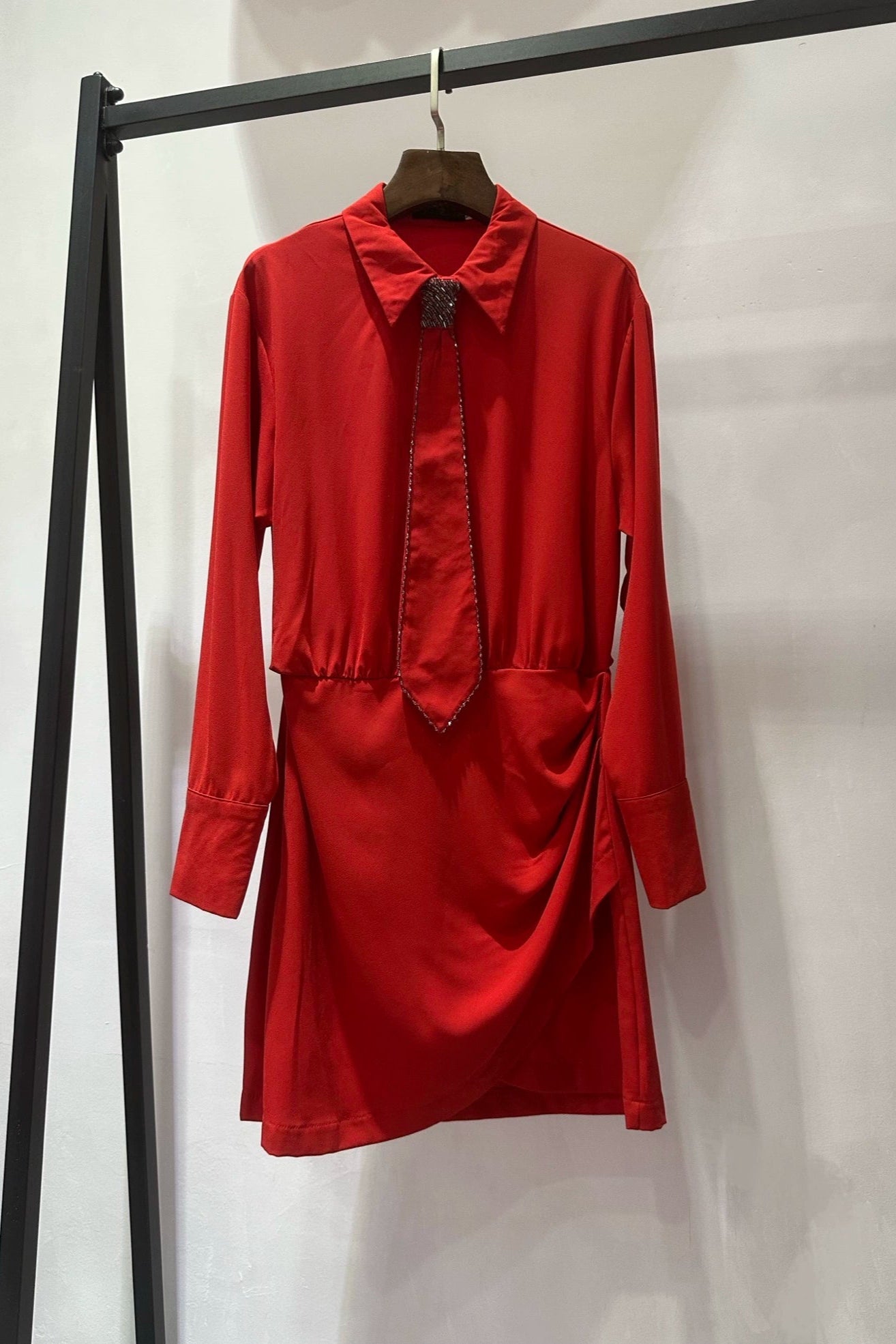 red beaded tie hip wrap long sleeve mini dress